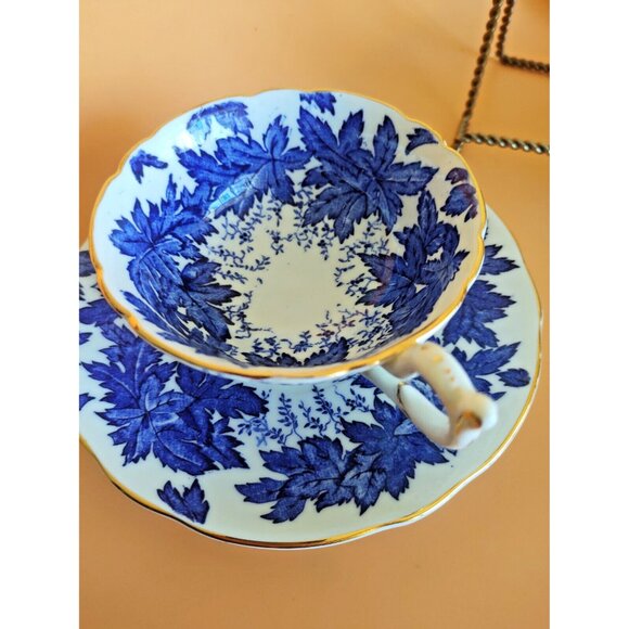 Coalport Hand Painted Tea Cup & Saucer Set Cobalt Blue Maple Leaf 1930's - Picture 10 of 15